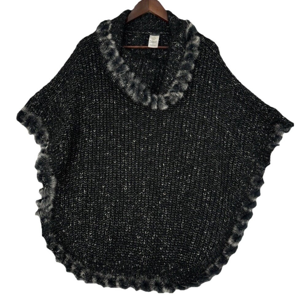 Melanie Lyne Black Knit‎ Fur Trim Cowl Neck Poncho Sweater One Size